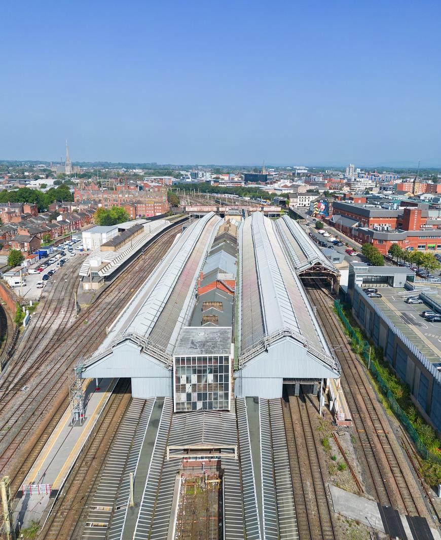 Air Conditioning Lancashire | aerial view of the train station train tracks at Preston, Lancashire, England